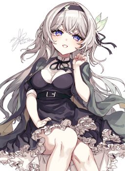 1girl black_dress black_hairband black_ribbon blue_eyes blue_pupils breasts commentary_request dress feet_out_of_frame firefly_(honkai:_star_rail) firefly_(jepella_rebellion)_(honkai:_star_rail) green_jacket grey_hair hair_ribbon hairband hand_up highres honkai:_star_rail honkai_(series) jacket jacket_on_shoulders korean_commentary large_breasts long_hair looking_at_viewer official_alternate_costume parted_lips ribbon signature sitting smile solo sw_haze twitter_username