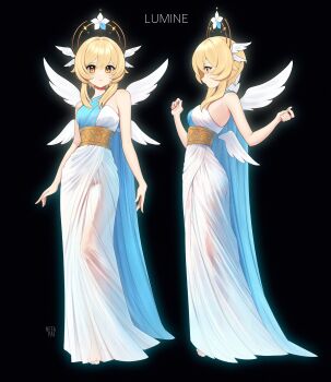 1girl absurdres alternate_costume bare_shoulders black_background blonde_hair blue_dress character_name closed_mouth commentary dress genshin_impact hair_between_eyes hair_ornament hands_up highres looking_at_viewer lumine_(genshin_impact) multiple_views netapai1 short_hair_with_long_locks simple_background sleeveless sleeveless_dress two-tone_dress white_dress white_wings wing_hair_ornament wings yellow_eyes