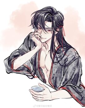 1boy absurdres alcohol bishounen black_hair black_hanfu blush chinese_clothes choko_(cup) closed_mouth collarbone cup elbow_rest hair_down hair_ribbon half_updo hand_on_own_cheek hand_on_own_face hanfu head_rest highres holding holding_cup long_hair long_sleeves looking_at_viewer male_focus modao_zushi official_alternate_hairstyle open_clothes open_robe pectoral_cleavage pectorals red_eyes red_ribbon ribbon robe sidelocks smile solo table upper_body wei_wuxian wei_wuxian_(yiling_laozu) white_background wide_sleeves xue_ding_ka_fei_du_wei