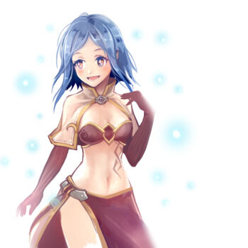 Rule 34 | 1girl, bikini, bikini top only, blue hair, breasts, brown bikini, brown gloves, brown skirt, capelet, commentary request, cowboy shot, elbow gloves, gloves, gobaku no hito, grey eyes, looking afar, mage (ragnarok online), medium breasts, midriff, midriff tattoo, navel, open mouth, ragnarok masters, ragnarok online, short hair, skirt, smile, solo, swimsuit, tattoo, white background, white capelet