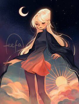 Rule 34 | 1girl, blonde hair, blush, cape, closed eyes, closed mouth, cloud, cloudy sky, crescent moon, dress, eyelashes, feefal, gradient clothes, gradient dress, highres, long hair, moon, night, original, pantyhose, procreate (medium), sky, solo, standing, sun, sunset