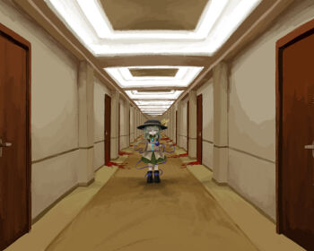 1girl black_hat black_shoes blood buttons commentary_request contrast_collar diamond_button door facing_viewer full_body green_hair green_skirt hair_between_eyes hallway hat hat_ribbon heripantomorrow indoors komeiji_koishi long_sleeves ribbon shadow shirt shoes skirt smile solo standing third_eye touhou wide_sleeves yellow_ribbon yellow_shirt
