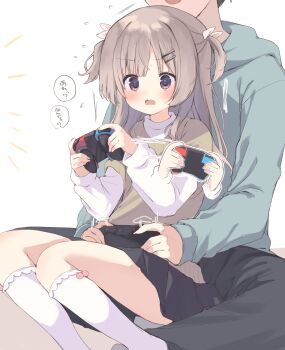 1boy 1girl black_pants black_skirt blush bow brown_hair brown_sweater commentary_request controller feet_out_of_frame flying_sweatdrops frilled_socks frills game_controller green_hoodie grey_eyes hair_bow hair_ornament hairclip highres holding holding_controller holding_game_controller hood hoodie joy-con kneehighs layered_sleeves long_hair long_sleeves motion_lines nintendo_switch_pro_controller open_mouth original pants pleated_skirt shirt short_hair short_over_long_sleeves short_sleeves sitting sitting_on_lap sitting_on_person skirt socks speech_bubble sweat sweater takepoison translation_request turtleneck turtleneck_shirt two_side_up white_background white_bow white_socks