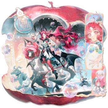 1girl absurdres ankle_boots apple arknights black_boots boots bright_pupils cake cake_slice carousel closed_mouth demon_girl demon_horns demon_tail dress floating floating_hair flower food fork fruit full_body highres holding holding_fork holding_plate horns long_hair long_sleeves looking_at_viewer nymph_(arknights) nymph_(sweetness_to_the_heart)_(arknights) official_alternate_costume official_art open_mouth pantyhose pink_eyes pink_flower pink_hair pink_pantyhose pink_tail pink_theme plate pointy_ears simple_background smile soap_bubbles solo standing tachi-e tail the_grand_budapest_hotel third-party_source transparent_background very_long_hair white_dress white_pupils yuji_(fantasia)