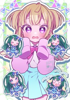 1girl :d blonde_hair blue_dress blue_eyes blue_skirt blunt_bangs blunt_ends border brown_hair cardigan chibi chibi_inset closed_eyes commentary_request dress green_hair hand_fan hands_up highres holding holding_fan kishimen_hair long_hair long_sleeves looking_at_viewer miniskirt open_mouth outline pink_cardigan pretty_series pripara purple_eyes shirt skirt sleeves_past_fingers sleeves_past_wrists smile standing string_of_flags tsukikawa_chili tsukikawa_chili_(normal) two_side_up umecha_0 water white_border white_outline white_shirt