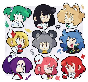 Rule 34 | 6+girls, absurdres, animal ears, black hair, blonde hair, blue eyes, blue hair, bow, brown eyes, brown hair, double bun, drooling, fang, fox ears, green eyes, green hair, grey hair, hair bun, hair ribbon, highres, himemushi momoyo, houraisan kaguya, ibaraki kasen, kisume, kudamaki tsukasa, maletoh, meira (touhou), mouse ears, mouth drool, mouth hold, multiple expressions, multiple girls, nazrin, okazaki yumemi, one eye closed, pink eyes, pink hair, ponytail, purple eyes, purple hair, red hair, red ribbon, ribbon, rumia, scared, serious, smile, sparkling eyes, stalk in mouth, thick eyebrows, tongue, tongue out, touhou, touhou (pc-98), twintails, v-shaped eyebrows, white bow, yellow eyes