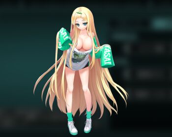 1girl :< aqua_eyes aqua_socks bags_under_eyes bare_shoulders black_shorts blonde_hair blurry blurry_background breasts cleavage closed_mouth collarbone dmm full_body game_cg green_shirt green_sleeves hands_up huge_breasts jitome large_variant_set leaning_forward long_hair long_sidelocks long_sleeves looking_down loriya_romanovich naked_shirt no_nipples non-web_source oosaki_shin'ya oversized_clothes oversized_shirt shirt shoes short_shorts shorts sidelocks sleeves_past_fingers sleeves_past_wrists socks solo standing tachi-e tokyo_necro tokyo_necro_suicide_mission two-tone_shirt variant_set very_long_hair very_long_sidelocks white_shirt white_shoes wide_sleeves