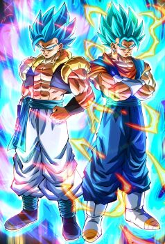 2boys abs aura black_vest black_wrist_cuffs blue_eyes blue_hair blue_pants blue_sash blue_shirt blue_shoes boots clenched_hand cropped_vest crossed_arms dougi dragon_ball dragon_ball_super dragon_ball_super_broly earrings full_body gloves gogeta highres jewelry male_focus medium_hair metamoran_vest multiple_boys muscular muscular_male no_shirt open_clothes open_vest orange_pants pants potara_earrings rz28kp sash shirt shoes smirk spiked_hair standing super_saiyan super_saiyan_blue trait_connection vegetto vest white_boots white_gloves wrist_cuffs