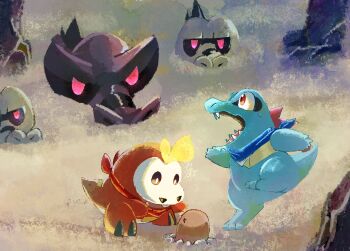 black_eyes blonde_hair closed_eyes diglett fuecoco gen_1_pokemon gen_2_pokemon gen_5_pokemon highres kaneoto_(mayukan) krokorok krookodile nintendo no_humans open_mouth pink_eyes pokemon pokemon_(creature) pokemon_mystery_dungeon red_eyes smile spikes sweat totodile