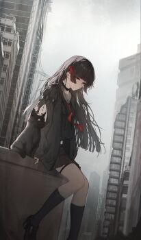 absurdres arm_cutout black_cat black_choker black_hair black_jacket black_serafuku black_shirt black_shoes black_skirt black_socks breasts cat chisa_(wuthering_waves) choker clothing_cutout commentary hair_ribbon highres jacket long_hair long_sleeves looking_at_viewer medium_breasts muted_color neckerchief outdoors parted_lips red_eyes red_neckerchief red_ribbon ribbon s0gno sailor_collar school_uniform serafuku shirt shoes skirt socks thigh_strap white_sailor_collar wuthering_waves