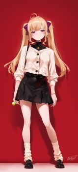 Rule 34 | 1girl, absurdres, ahoge, bag, black skirt, blonde hair, boots, bow, bracelet, breasts, candy, commentary request, food, furisuku, hair bow, hair ribbon, high-waist skirt, highres, holding, holding candy, holding food, holding lollipop, jacket, jewelry, lollipop, long hair, long sleeves, looking at viewer, loose socks, necklace, nijisanji, purple eyes, red bow, ribbon, shoulder bag, signature, simple background, skirt, socks, solo, sweater, takamiya rion, thighs, turtleneck, twintails, virtual youtuber, white jacket, white sweater