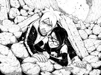 1boy 1girl arm_warmers blood boruto:_naruto_next_generations buried commentary_request cuts dirty dirty_face facial_mark forehead_protector glasses greyscale headband highres injury jacket jewelry matsu_(fu6ide2) monochrome naruto_(series) necklace one_eye_closed open_mouth rock rubble torn_clothes torn_jacket twitter_username uchiha_sarada uzumaki_boruto watermark whisker_markings