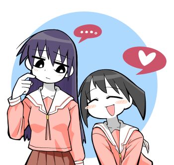 Rule 34 | ..., 2girls, ^ ^, azumanga daioh's school uniform, azumanga daiou, black hair, blue background, blush stickers, border, closed eyes, collarbone, commentary, emujie, heart, highres, kaori (azumanga daioh), long hair, looking at another, multiple girls, pink shirt, pleated skirt, red skirt, sailor collar, sakaki (azumanga daioh), school uniform, shirt, skirt, smile, spoken ellipsis, spoken heart, white border, white sailor collar