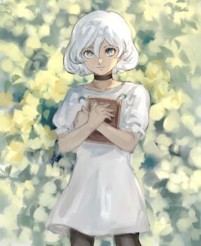 Rule 34 | 1boy, androgynous, arms up, black choker, black leggings, blue eyes, book, bush, choker, closed mouth, collarbone, crossed arms, dark-skinned male, dark skin, dress, frilled sleeves, frills, hair between eyes, highres, holding, holding book, leggings, looking at viewer, male focus, metaphor: refantazio, outdoors, plant, puffy short sleeves, puffy sleeves, samerkgk, short sleeves, smile, solo, the prince (metaphor: refantazio), white dress, white hair