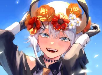 1girl absurdres blonde_hair blue_eyes choker commentary_request flower gloves grey_hair hair_flower hair_ornament hairclip head_wreath highres horns levi_elipha light_rays looking_at_viewer necktie nijisanji open_mouth seinarazu short_hair solo sunbeam sunlight virtual_youtuber white_hair