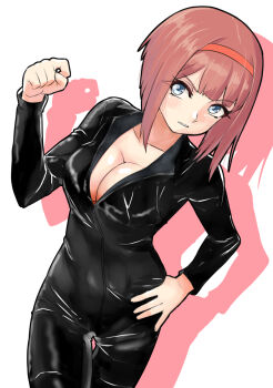 1girl alternate_costume ark_royal_(kancolle) black_bodysuit blue_eyes bob_cut bodysuit breasts catsuit clenched_hand commentary_request cowboy_shot hairband highres inverted_bob kantai_collection leather_suit medium_breasts nekotarou_(nktr299) red_hair red_hairband short_hair skin_tight solo thigh_gap unzipped