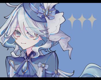 Rule 34 | 1girl, ahoge, ascot, blue ascot, blue background, blue eyes, blue gem, blue hair, blue hat, blue jacket, closed mouth, commentary request, drop-shaped pupils, furina (genshin impact), gem, genshin impact, hat, heterochromia, highres, jacket, long hair, looking at viewer, mismatched pupils, multicolored hair, ouji fashion, portrait, smile, solo, streaked hair, symbol-shaped pupils, top hat, toriniku (tori paku2), white hair