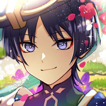 1boy black_bodysuit blunt_ends bodysuit bright_pupils closed_mouth commentary_request eyeliner flower genshin_impact gold hat highres jingasa looking_at_viewer makeup male_focus mandarin_collar niwatori_shie outdoors parted_bangs portrait purple_eyes purple_flower purple_hair purple_hat red_eyeliner red_flower scaramouche_(genshin_impact) shoulder_peek signature sky smile solo tree tsurime twitter_username wanderer_(genshin_impact) white_flower white_pupils