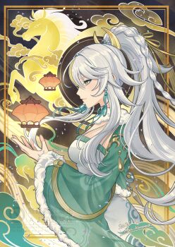 1girl absurdres braid chinese_clothes commentary_request earrings from_side fur-trimmed_sleeves fur_trim genshin_impact grey_hair hair_ornament highres horse jewelry karanashi_mari lantern long_hair paper_lantern ponytail single_braid sky_lantern solo upper_body wide_sleeves yellow_eyes zibai_(genshin_impact)