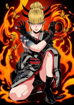 1girl absurdres alternate_costume arm_tattoo armor black_background black_buruma black_choker black_gloves black_kimono black_socks blonde_hair blue_eyes blunt_bangs bug buruma butterfly chest_sarashi choker collarbone commentary_request cup dice earrings fire gloves godtail gradient_background hair_bun hair_ornament hairpin highres holding holding_cup holding_dice insect japanese_clothes jewelry kimono looking_at_viewer looking_up magik's_crown magik_(x-men) marvel multiple_piercings on_one_knee orange_butterfly pauldrons red_background red_sash sarashi sash shoulder_armor single_pauldron smile socks spiked_pauldrons spikes tabi tattoo x-men