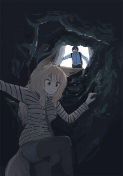Rule 34 | 1boy, 1girl, animal ear fluff, animal ears, batta (kanzume quality), black hair, blonde hair, blue shirt, cave, cave interior, climbing, commentary request, dark, denim, denim shorts, facing viewer, fox ears, fox girl, fox tail, fox wife (batta (kanzume quality)), from below, glasses, husband (batta (kanzume quality)), kitsune no oyome-chan, looking down, paid reward available, shirt, shorts, shoulder strap, striped clothes, striped shirt, tail