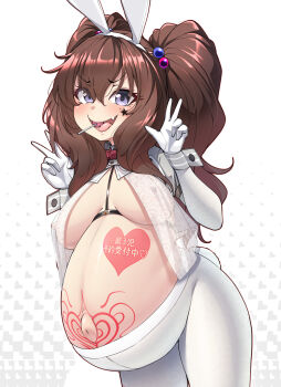 Rule 34 | 1girl, animal ears, beads, blush, bow, bowtie, breast curtains, breastless clothes, breasts, breasts apart, breasts out, brown hair, candy, collar, cowboy shot, curvy, daughter (konoshige), double v, elbow gloves, fake animal ears, food, gloves, hair beads, hair between eyes, hair ornament, heart, heart tattoo, high heels, highres, japanese text, konoshige (ryuun), large breasts, lollipop, long hair, looking at viewer, maternity pantyhose, mole, mole on breast, mole under eye, navel, nipples, open mouth, original, outie navel, pantyhose, pregnant, purple eyes, rabbit ears, rabbit tail, red bow, red bowtie, revealing clothes, reverse bunnysuit, reverse outfit, see-through clothes, short sleeves, sidelocks, smile, solo, standing, star (symbol), star tattoo, stomach tattoo, stretch marks, tattoo, thick thighs, thighs, translated, twintails, v, white pantyhose, wide hips, wrist cuffs