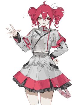 Rule 34 | 1girl, ahoge, arm behind back, buttons, collared shirt, double-breasted, drill hair, emphasis lines, grey shirt, grey skirt, hair between eyes, hair ribbon, hand up, highres, kasane teto, kasane teto (sv), parted lips, red eyes, red hair, red skirt, ribbon, shirt, simple background, skirt, smile, solo, synthesizer v, twin drills, two-tone shirt, ummwa, waving, white background, white ribbon