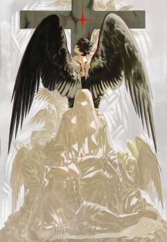 Rule 34 | 1boy, absurdres, black hair, black wings, bleeding, blood, cloak, commentary request, cross, emaciated, faceless, feathered wings, full body, gost 56, halo, hand on another's head, highres, hood, hood up, hooded cloak, looking back, looking up, male focus, on ground, original, short hair, statue, white wings, wings