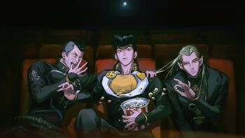 3boys blue_eyes chair commentary diamond_wa_kudakenai food green_eyes green_hair hazekura_mikitaka higashikata_josuke highres jojo_no_kimyou_na_bouken long_hair male_focus movie_theater multiple_boys nijimura_okuyasu on_chair pointy_ears popcorn rainbirth2023 school_uniform short_hair sitting symbol-only_commentary