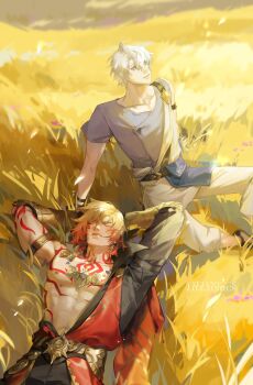 Rule 34 | 2boys, abs, antenna hair, arm tattoo, armlet, asymmetrical sleeves, black coat, blonde hair, blue eyes, braid, chest tattoo, clawed gauntlets, closed eyes, coat, earrings, facial tattoo, gold earrings, gold necklace, gradient hair, grey shirt, hashtag-only commentary, highres, honkai: star rail, honkai (series), jewelry, lying, male focus, medium hair, multicolored hair, multiple boys, mydei (honkai: star rail), necklace, on back, open clothes, open coat, pants, parted bangs, phainon (a dream scented in wheat) (honkai: star rail), phainon (honkai: star rail), red hair, red tattoo, shirt, short hair, side braid, sitting, tattoo, toned, toned male, trashcanxval, wheat field, white hair, white pants