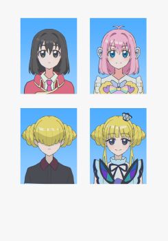 Rule 34 | 2girls, amauri miruki, before and after, black eyes, black hair, black shirt, blonde hair, blue eyes, blunt bangs, braid, braided bun, carron (pretty series), carron (rabbit) (pretty series), closed mouth, collared shirt, commentary request, double bun, hair bun, hair over eyes, hanitan, hanitan (bear), highres, kokoa remon, looking at viewer, mashi (m0 puri), multiple girls, multiple views, necktie, pink hair, pink necktie, pretty series, school uniform, shirt, short hair, sidelocks, smile, stuffed animal, stuffed toy, teddy bear, upper body, waccha primagi!