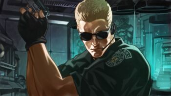 1boy absurdres albert_wesker black_jacket blonde_hair commentary english_commentary facing_to_the_side fingerless_gloves gloves gun hair_slicked_back headpiece highres holding holding_gun holding_weapon indoors inkerton-kun jacket laboratory looking_at_viewer military_uniform resident_evil resident_evil_1 s.t.a.r.s._uniform short_hair solo_focus sunglasses test_tube weapon