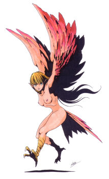 1girl artist_name bird_tail blonde_hair blue_eyes breasts demon_(megami_tensei) feathers full_body harpy harpy_(megami_tensei) highres kazuma_kaneko midair monster_girl nipples nude official_art shin_megami_tensei shin_megami_tensei_i signature solo tail talons white_background winged_arms wings