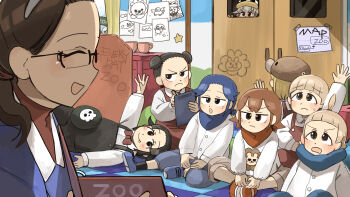 4boys 5girls :d :o absurdres bird black_hair black_overalls blonde_hair blue_haired_boy_(diva) blue_scarf blue_suit bob_cut_twin_(diva) brown_hair child&#039;s_drawing commentary diva_(hyxpk) donut_stamp double_bun drooling duck english_commentary fang fang_out formal_clothes frown girl_with_fangs_(diva) glasses grey_hair hair_bun hat highres lion_shirt_boy_(diva) mouth_drool multiple_boys multiple_girls open_mouth overalls penguin_fan_(diva) penguin_hat penguin_keeper_(diva) red_hair red_overalls scarf shirt smile suit survey_girl_(diva) teacher topknot_twin_(diva) white_shirt zoo zookeeper zookeepers_(diva)