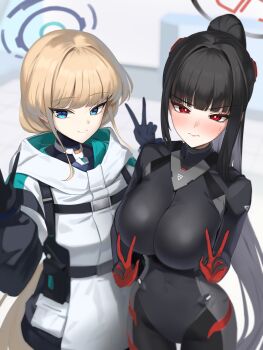 Rule 34 | 2girls, 3:, absurdres, belt, belt pouch, binu (nadenade), black belt, black bodysuit, black hair, black halo, blonde hair, blue archive, blue bodysuit, blue eyes, blue halo, blunt bangs, blush, bodysuit, breasts, bright pupils, closed mouth, commentary, covered collarbone, cowboy shot, double v, gloves, hair ornament, halo, hands up, highres, hood, hood down, hooded jacket, impossible bodysuit, impossible clothes, jacket, large breasts, latex, latex bodysuit, long hair, looking at viewer, medium breasts, multicolored halo, multiple girls, official alternate costume, official alternate hairstyle, ponytail, pouch, red eyes, ringed eyes, rio (armed) (blue archive), rio (blue archive), sidelocks, skin tight, smile, standing, sweat, toki (armed) (blue archive), toki (blue archive), two-tone halo, v, very long hair, white jacket, white pupils