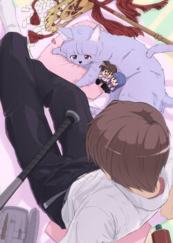 1boy absurdres animal animalization baseball baseball_bat black_pants blue_hair brown_hair cat character_doll clothed_animal cushion doll from_above furude_rika gohei heart highres higurashi_no_naku_koro_ni looking_at_another maebara_keiichi medicine pants pillow red_shirt sazae_sanze school_uniform shirt short_hair sitting socks syringe white_shirt white_socks