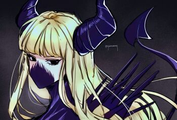 1girl absurdres black_background black_eyes black_horns black_tail blonde_hair blunt_bangs commentary_request covered_mouth demon_tail highres horns long_hair looking_to_the_side magik_(x-men) marvel mask official_alternate_costume pannaaq spikes tail twitter_username upper_body x-men