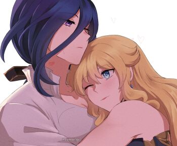 2girls bare_shoulders blonde_hair blue_eyes blue_hair clorinde_(genshin_impact) closed_mouth earrings genshin_impact jewelry kaiyamon lipstick_mark lipstick_mark_on_neck long_hair multiple_girls navia_(genshin_impact) one_eye_closed purple_eyes shirt simple_background smile white_background white_shirt yuri
