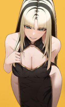 1girl absurdres alternate_costume arm_behind_head bare_arms black_dress black_streaks blonde_hair blue_eyes braid china_dress chinese_clothes cleavage_cutout clothing_cutout curtained_hair dress edwin62293123 fang gold_trim grin halter_dress halterneck hashtag-only_commentary highres hololive hololive_dev_is koganei_niko leaning_forward long_hair looking_at_viewer pelvic_curtain side_braid side_slit sidelocks simple_background skin_fang sleeveless sleeveless_dress slit_pupils smile solo straight_hair virtual_youtuber yellow_background