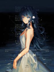 Rule 34 | 1girl, absurdres, animal ears, arknights, astesia (arknights), backless dress, backless outfit, bare shoulders, bird ears, blue eyes, blue hair, bright pupils, character name, dress, english text, from side, heads-up display, highres, immeasurable, long hair, looking at viewer, lyrics, music player, night, orbited, signature, smile, solo, star (sky), water, white dress, white pupils