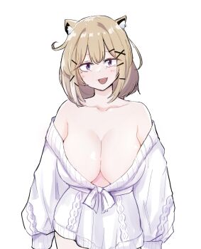 1girl :d alternate_costume animal_ear_fluff animal_ears arknights arms_at_sides bare_shoulders blonde_hair breasts cable_knit cleavage collarbone commentary_request cowboy_shot heka=ton highres large_breasts light_blush looking_at_viewer medium_hair off_shoulder open_mouth purple_eyes simple_background smile solo standing sweater utage_(arknights) white_background white_sweater