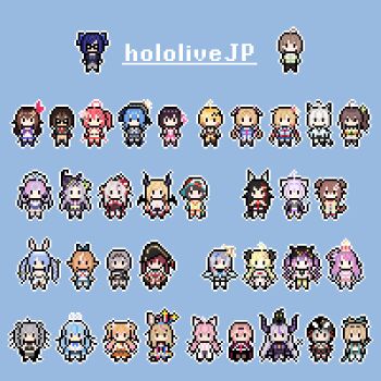 Rule 34 | 6+girls, a-chan (hololive), ahoge, akai haato, aki rosenthal, animal ears, azki (3rd costume) (hololive), azki (hololive), black hair, blonde hair, blue background, blue hair, brown hair, carrot hair ornament, cat ears, cat tail, commentary request, copyright name, costume request, crow (la+ darknesss), crown, dog ears, dog tail, dot vikky, everyone, flower, food-themed hair ornament, fox ears, glasses, grey hair, hair flower, hair ornament, hakui koyori, harusaki nodoka, hat, himemori luna, hololive, horns, hoshimachi suisei, hoshimachi suisei (1st costume), inugami korone, kazama iroha, minato aqua, minato aqua (1st costume), momosuzu nene, multiple girls, murasaki shion, nakiri ayame, natsuiro matsuri, nekomata okayu, omaru polka, omaru polka (1st costume), ookami mio, ookami mio (1st costume), oozora subaru, oozora subaru (1st costume), pink hair, pirate hat, pixel art, pointy ears, purple hair, red hair, roboco-san, sakamata chloe, sakura miko, shirakami fubuki, shiranui flare, shirogane noel, shishiro botan, simple background, tail, takane lui, tokino sora, tokoyami towa, tsunomaki watame, twintails, usada pekora, usada pekora (1st costume), virtual youtuber, white hair, witch hat, wolf ears, yozora mel, yukihana lamy, yuzuki choco, yuzuki choco (1st costume)