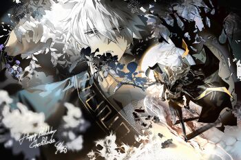 Rule 34 | 1boy, black eyes, black gloves, black jacket, caustics, clenched hand, clenched teeth, different zoom layer, fingerless gloves, flower, full body, ghostblade (to be hero x), gloves, gold trim, happy birthday, highres, jacket, jacket on shoulders, lilac, male focus, mask, mouth mask, multiple views, narrowed eyes, parted lips, pcacao, popped collar, shore, short hair, standing, teeth, to be hero, to be hero x, waves, white hair, white lily, wind, wind lift, zoom layer