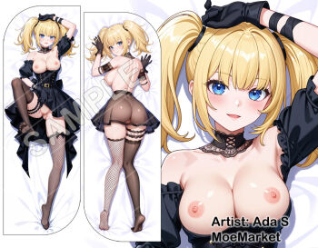 1girl ada_s_(moemarket) ani_(xai) bare_shoulders black_corset black_dress black_gloves blonde_hair blue_eyes breasts corset dakimakura_(medium) dress fishnets gloves goth_fashion grok_(xai) lace-trimmed_armband looking_at_viewer nipples off-shoulder_dress off_shoulder pussy solo thighhighs twintails xai_(company)