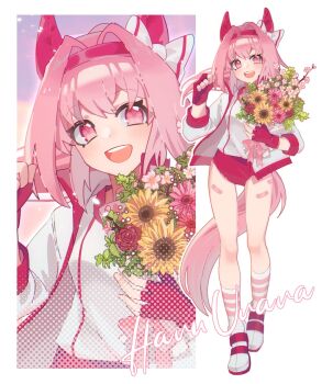 1girl aki'z animal_ears arm_up bandaid bandaid_on_leg bouquet bow breasts buruma character_name clenched_hand commentary cowboy_shot ear_bow ear_covers fingerless_gloves flower full_body gloves haru_urara_(bestest_prize)_(umamusume) haru_urara_(umamusume) headband high_collar highres holding holding_bouquet horse_ears horse_girl horse_tail jacket kneehighs long_hair long_sleeves looking_at_viewer multiple_views open_clothes open_jacket open_mouth pink_eyes pink_gloves pink_hair pink_headband polka_dot ponytail red_buruma shirt shoes small_breasts smile socks standing symbol-only_commentary tail teeth umamusume upper_teeth_only white_background white_bow white_jacket white_shirt white_shoes