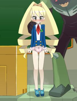 1girl blonde_hair blue_dress blush bow classroom commentary_request dress drill_hair embarrassed forced_exposure green_eyes hair_bow hand_on_another's_shoulder jammer_(mega_man) loli long_hair luna_platz_(mega_man) mega_man_(series) mega_man_star_force_(series) no_pants panties pantyhose pink_panties red_eyes socho4666 solo_focus torn_clothes twin_drills underwear very_long_hair