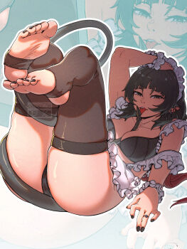 1girl absurdres animal_ears black_hair black_nails chuckuddin commentary english_commentary feet foot_focus foreshortening highres jane_doe_(zenless_zone_zero) jewelry long_hair maid_headdress mouse_ears mouse_girl mouse_tail presenting_foot ring sharp_tail soles solo tail toes zenless_zone_zero