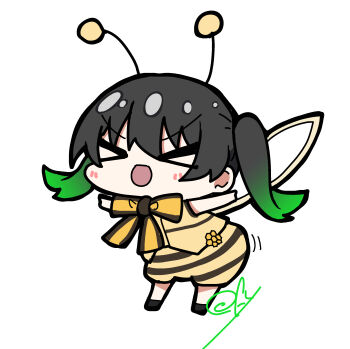 >_< 1girl :d absurdres antennae bee_costume black_hair black_shoes blush bow bowtie chibi chibi_only commentary fake_antennae flower_music_live_boooooom_boooooom_bee!! gradient_hair green_hair highres love_live! love_live!_nijigasaki_high_school_idol_club multicolored_hair oofushi_ao open_mouth outstretched_arms shirt shoes shorts signature simple_background sleeveless sleeveless_shirt smile solo spread_arms striped_clothes striped_shorts symbol-only_commentary takasaki_yu white_background xd yellow_bow yellow_bowtie yellow_shirt yellow_shorts