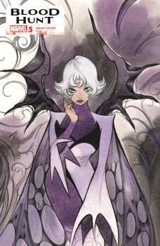 1girl absurdres bags_under_eyes blood blood_on_hands blood_on_mouth bridal_gauntlets clea_strange comic_cover copyright_logo copyright_name cover cover_page cowboy_shot doctor_strange_(series) dress english_text fangs fingernails grey_eyes highres logo long_fingernails looking_at_viewer makeup marvel official_alternate_costume official_art peach_momoko purple_bridal_gauntlets purple_dress purple_lips short_hair solo vampire white_hair