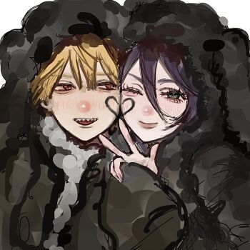 Rule 34 | 1boy, 1girl, animal ear hood, blonde hair, chainsaw man, closed mouth, denji (chainsaw man), fake animal ears, green eyes, hair between eyes, highres, hood, hood up, leigh 113n, light blush, looking at viewer, one eye closed, parted lips, purple eyes, red eyes, reze (chainsaw man), sharp teeth, short hair, sketch, smile, teeth, v, white background